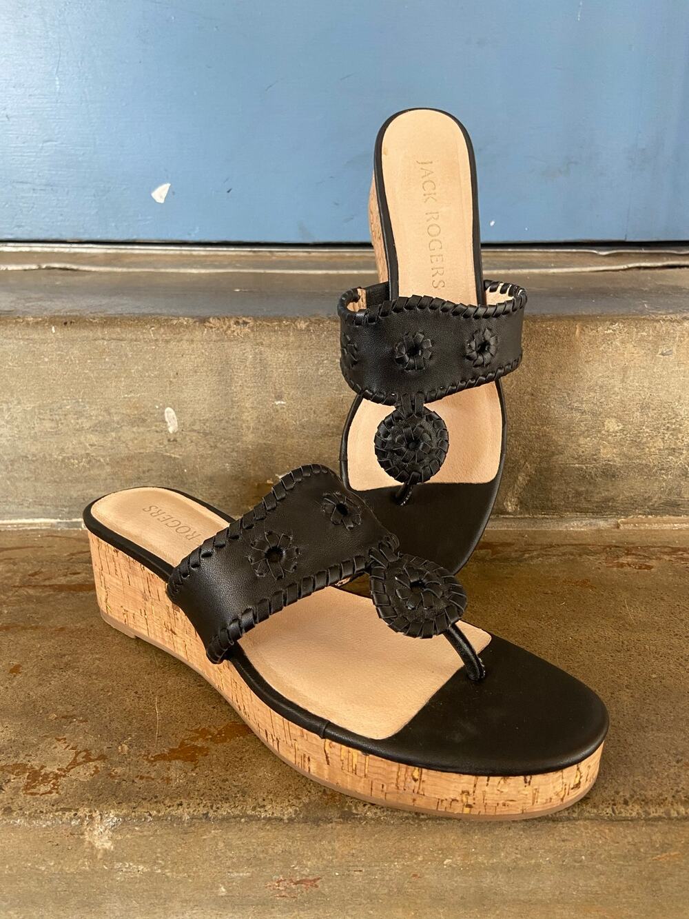 Jack Roger’s black leather toe post platform cork wrapped wedge sandals